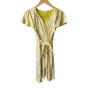 Boden Yellow Dress White Daisy Print Short Sleeve 8P Jersey Faux Wrap Pockets